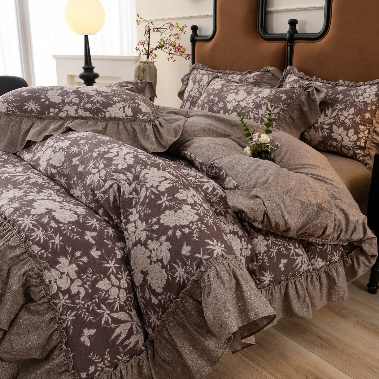 91家纺网 家纺一手货源 找家纺 赛丽雅 2025秋冬新款加厚130克高克重中古复古风磨毛四件套 枫林晚