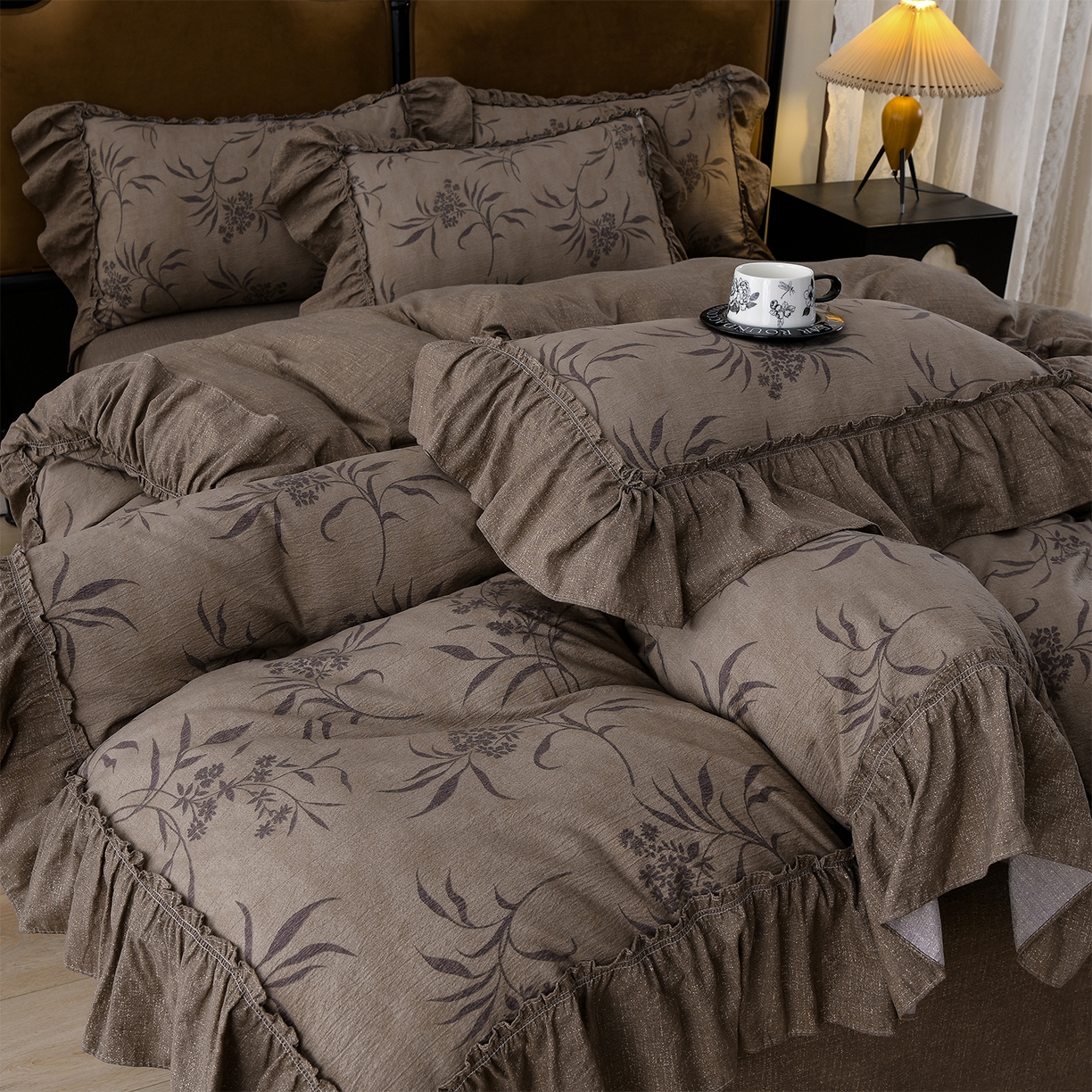 91家纺网 家纺一手货源 找家纺 赛丽雅 2025秋冬新款加厚130克高克重中古复古风磨毛四件套 玉茗