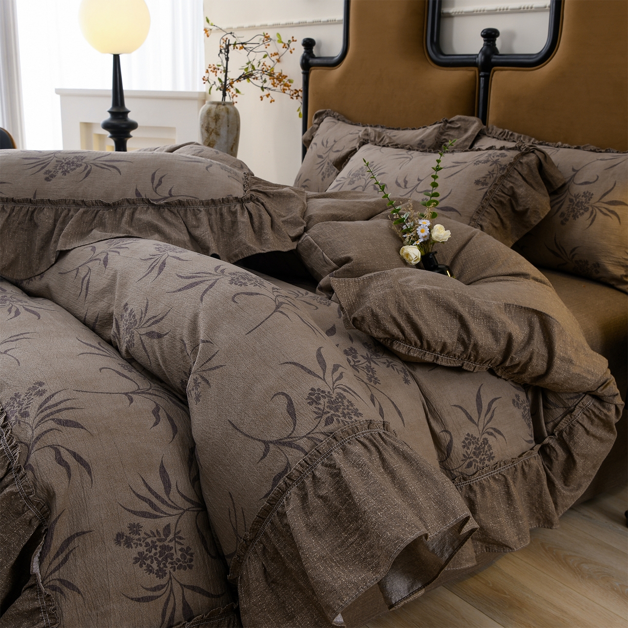 91家纺网 家纺一手货源 找家纺 赛丽雅 2025秋冬新款加厚130克高克重中古复古风磨毛四件套 玉茗