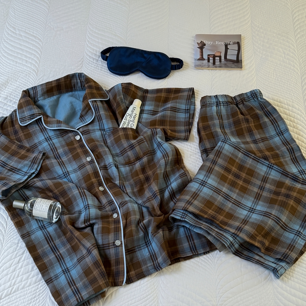 91家纺网 家纺一手货源 找家纺 山舍家居 2025新款全棉纯棉色织双层纱家居服 蓝屿棕林