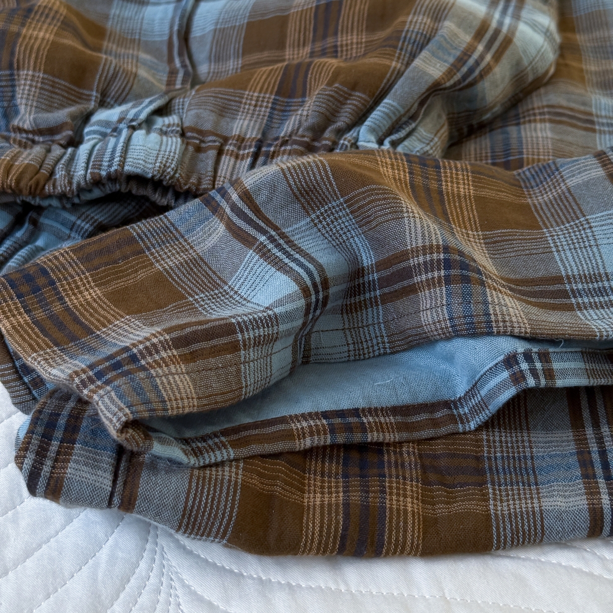 91家纺网 家纺一手货源 找家纺 山舍家居 2025新款全棉纯棉色织双层纱家居服 蓝屿棕林