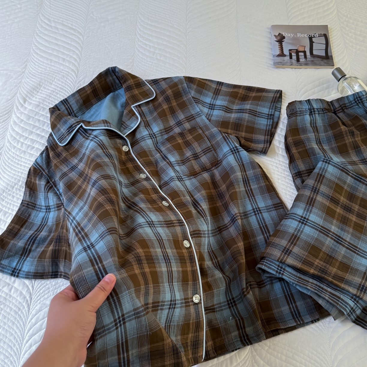 91家纺网 家纺一手货源 找家纺 山舍家居 2025新款全棉纯棉色织双层纱家居服 蓝屿棕林