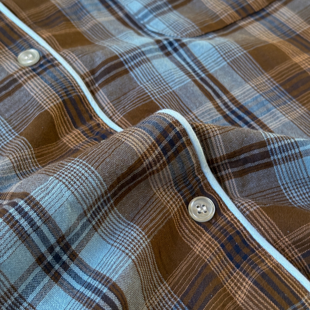 91家纺网 家纺一手货源 找家纺 山舍家居 2025新款全棉纯棉色织双层纱家居服 蓝屿棕林