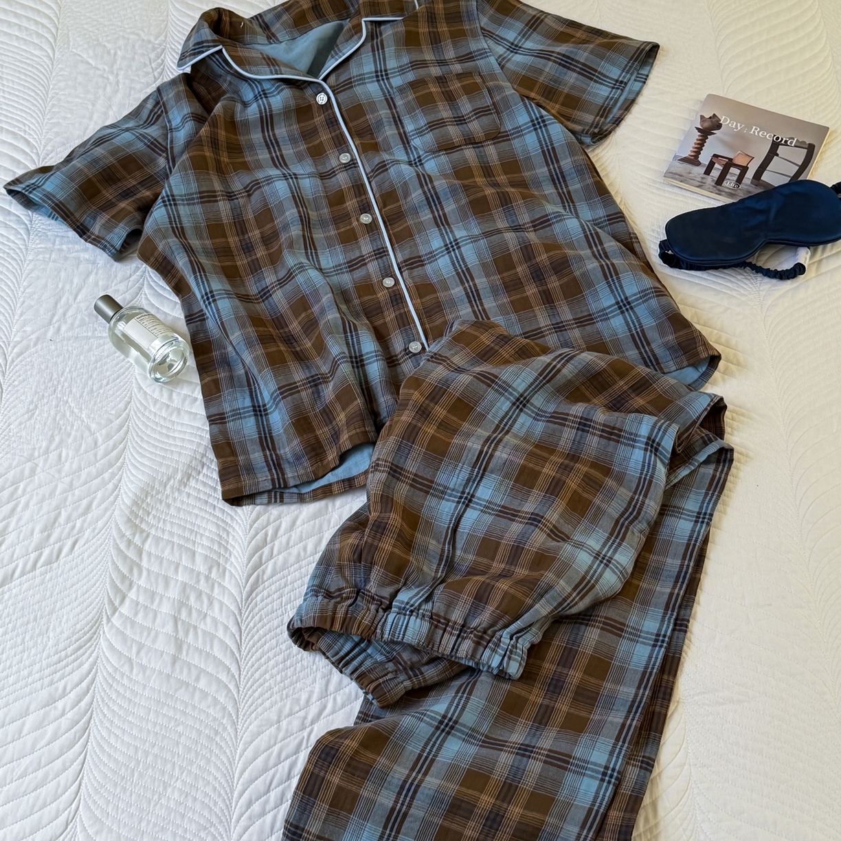 91家纺网 家纺一手货源 找家纺 山舍家居 2025新款全棉纯棉色织双层纱家居服 蓝屿棕林