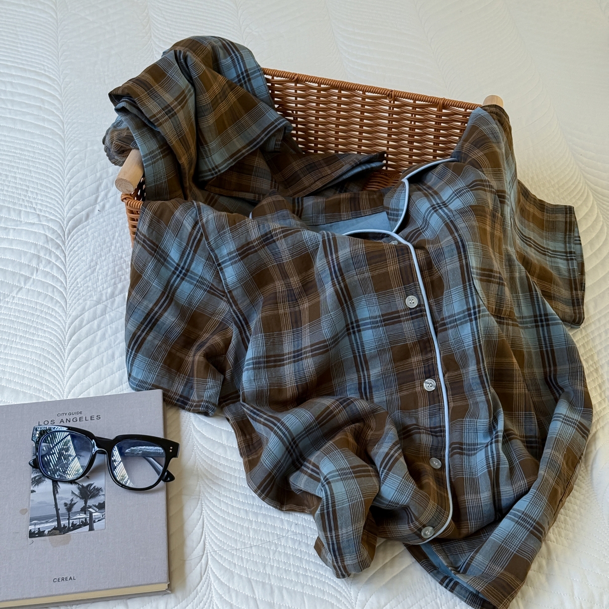 91家纺网 家纺一手货源 找家纺 山舍家居 2025新款全棉纯棉色织双层纱家居服 蓝屿棕林