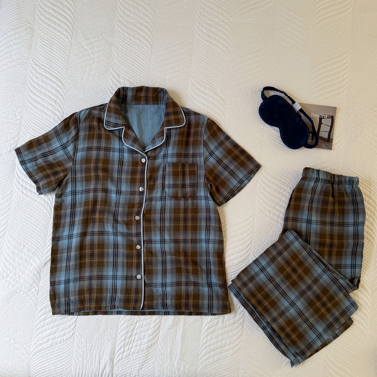 91家纺网 家纺一手货源 找家纺 山舍家居 2025新款全棉纯棉色织双层纱家居服 蓝屿棕林