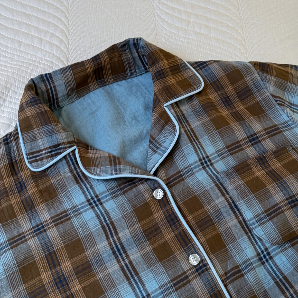 91家纺网 家纺一手货源 找家纺 山舍家居 2025新款全棉纯棉色织双层纱家居服 蓝屿棕林