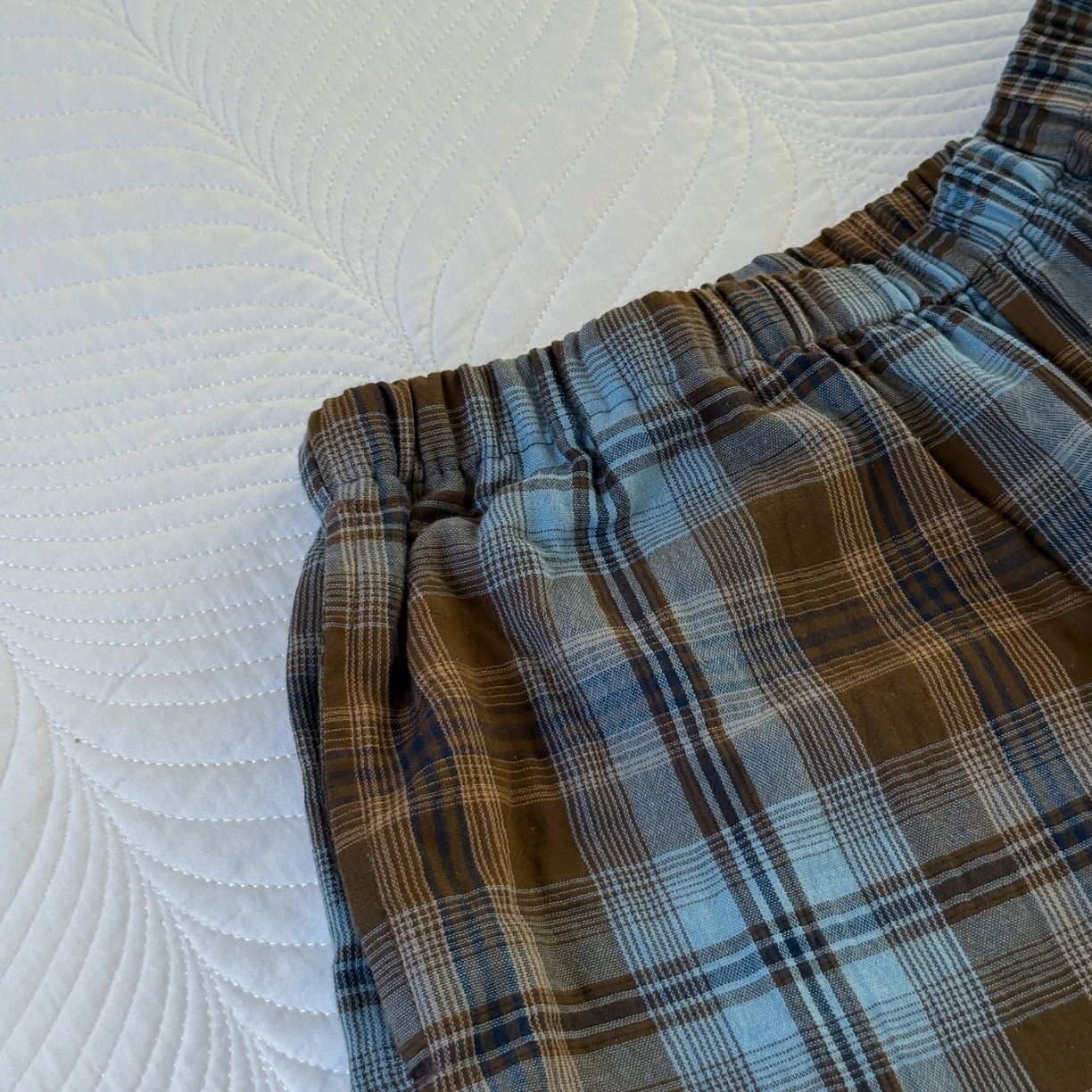 91家纺网 家纺一手货源 找家纺 山舍家居 2025新款全棉纯棉色织双层纱家居服 蓝屿棕林