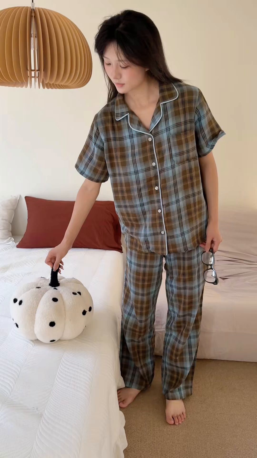 91家纺网 家纺一手货源 找家纺 山舍家居 2025新款全棉纯棉色织双层纱家居服 蓝屿棕林