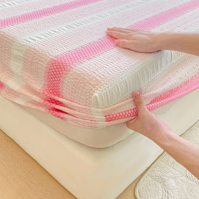 91家纺网 家纺一手货源 找家纺 灰鲸 2025新款全棉纯棉色织提花单床笠 床笠单件 泛歌-粉