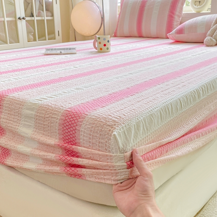 91家纺网 家纺一手货源 找家纺 灰鲸 2025新款全棉纯棉色织提花单床笠 床笠单件 泛歌-粉