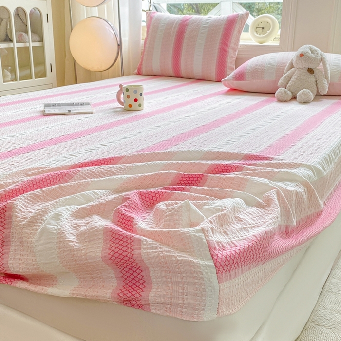 91家纺网 家纺一手货源 找家纺 灰鲸 2025新款全棉纯棉色织提花单床笠 床笠单件 泛歌-粉