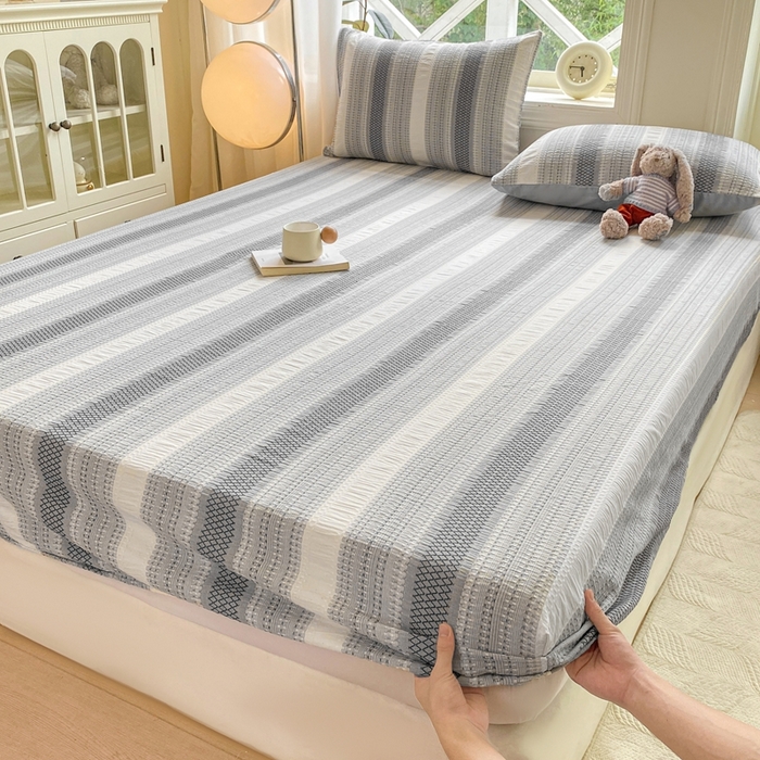 91家纺网 家纺一手货源 找家纺 灰鲸 2025新款全棉纯棉色织提花单床笠 床笠单件 泛歌-灰