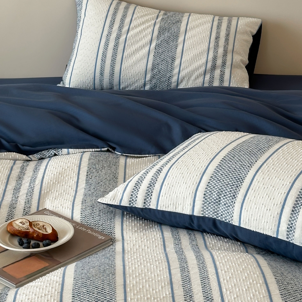 91家纺网 家纺一手货源 找家纺 蜜宿 2025新款全棉纯棉穿线提花四件套-云舒 云舒-蓝