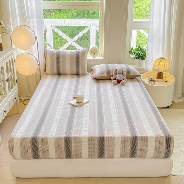 91家纺网 家纺一手货源 找家纺 灰鲸 2025新款全棉纯棉色织提花单床笠 床笠单件 泛歌-咖