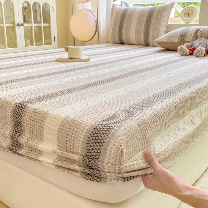 91家纺网 家纺一手货源 找家纺 灰鲸 2025新款全棉纯棉色织提花单床笠 床笠单件 泛歌-咖