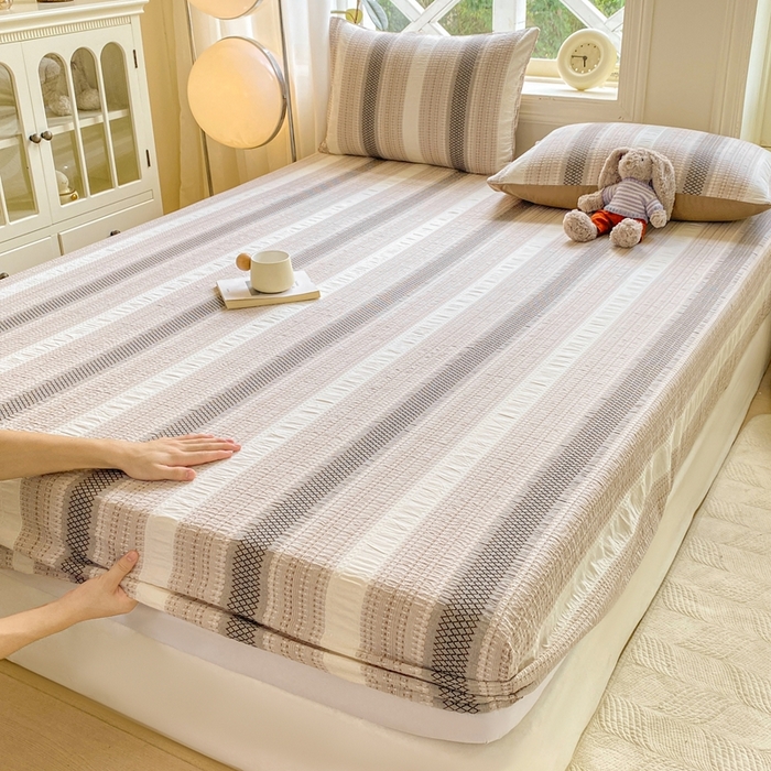 91家纺网 家纺一手货源 找家纺 灰鲸 2025新款全棉纯棉色织提花单床笠 床笠单件 泛歌-咖