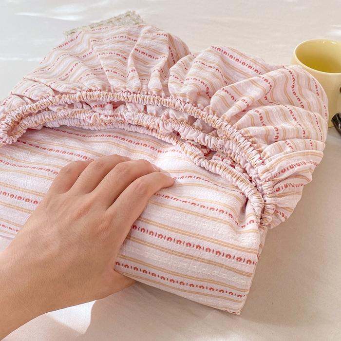 91家纺网 家纺一手货源 找家纺 灰鲸 2025新款全棉纯棉色织提花单床笠 床笠单件 美拉-粉