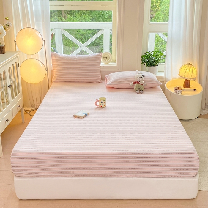 91家纺网 家纺一手货源 找家纺 灰鲸 2025新款全棉纯棉色织提花单床笠 床笠单件 美拉-粉