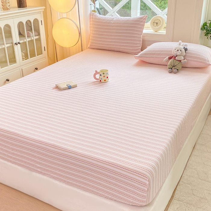 91家纺网 家纺一手货源 找家纺 灰鲸 2025新款全棉纯棉色织提花单床笠 床笠单件 美拉-粉