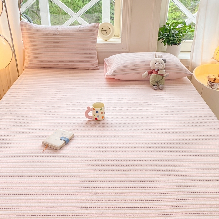 91家纺网 家纺一手货源 找家纺 灰鲸 2025新款全棉纯棉色织提花单床笠 床笠单件 美拉-粉