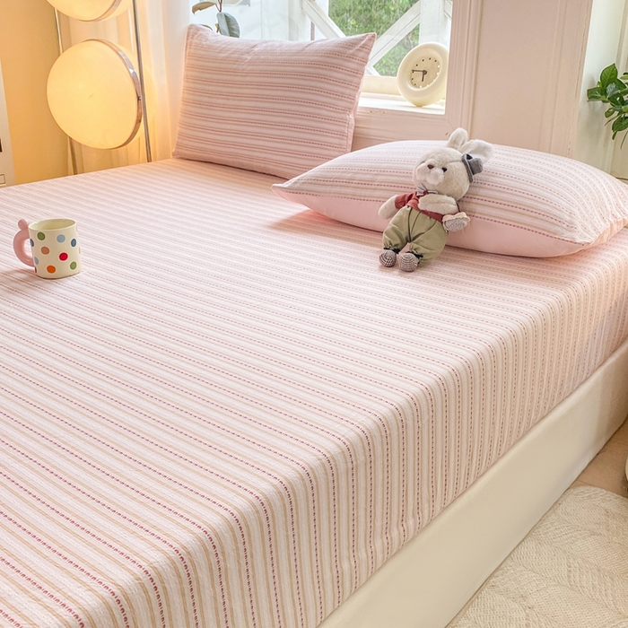 91家纺网 家纺一手货源 找家纺 灰鲸 2025新款全棉纯棉色织提花单床笠 床笠单件 美拉-粉