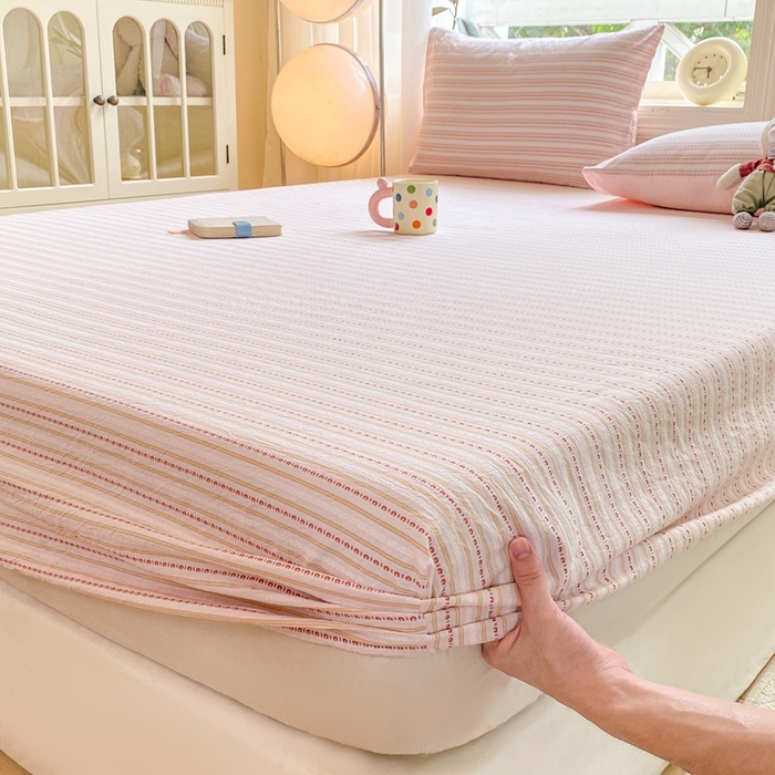 91家纺网 家纺一手货源 找家纺 灰鲸 2025新款全棉纯棉色织提花单床笠 床笠单件 美拉-粉