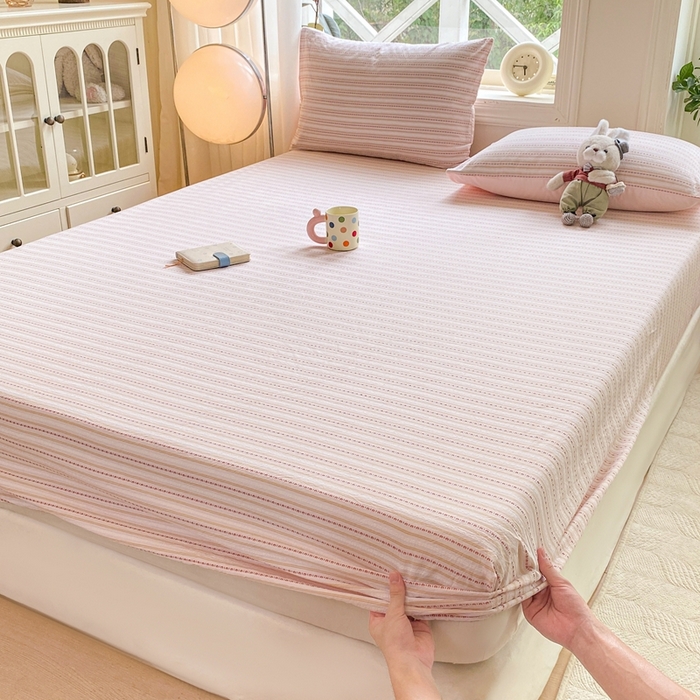 91家纺网 家纺一手货源 找家纺 灰鲸 2025新款全棉纯棉色织提花单床笠 床笠单件 美拉-粉