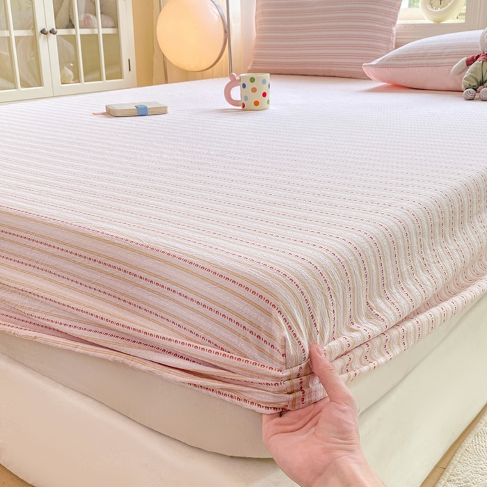 91家纺网 家纺一手货源 找家纺 灰鲸 2025新款全棉纯棉色织提花单床笠 床笠单件 美拉-粉