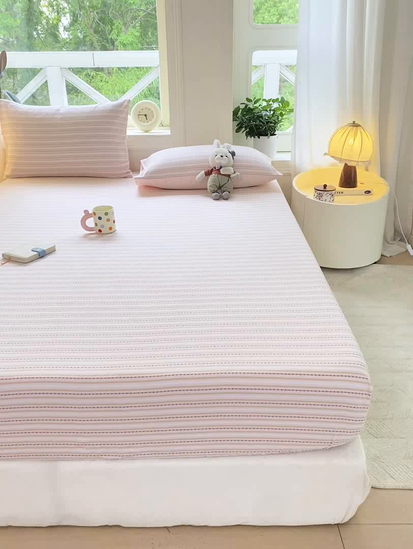 91家纺网 家纺一手货源 找家纺 灰鲸 2025新款全棉纯棉色织提花单床笠 床笠单件 美拉-粉