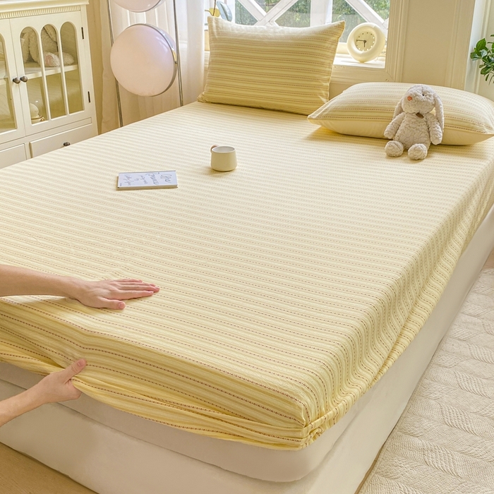 91家纺网 家纺一手货源 找家纺 灰鲸 2025新款全棉纯棉色织提花单床笠 床笠单件 美拉-黄