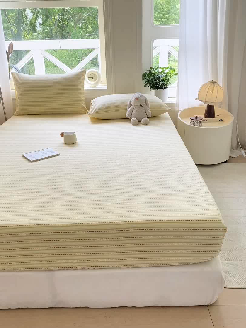 91家纺网 家纺一手货源 找家纺 灰鲸 2025新款全棉纯棉色织提花单床笠 床笠单件 美拉-黄