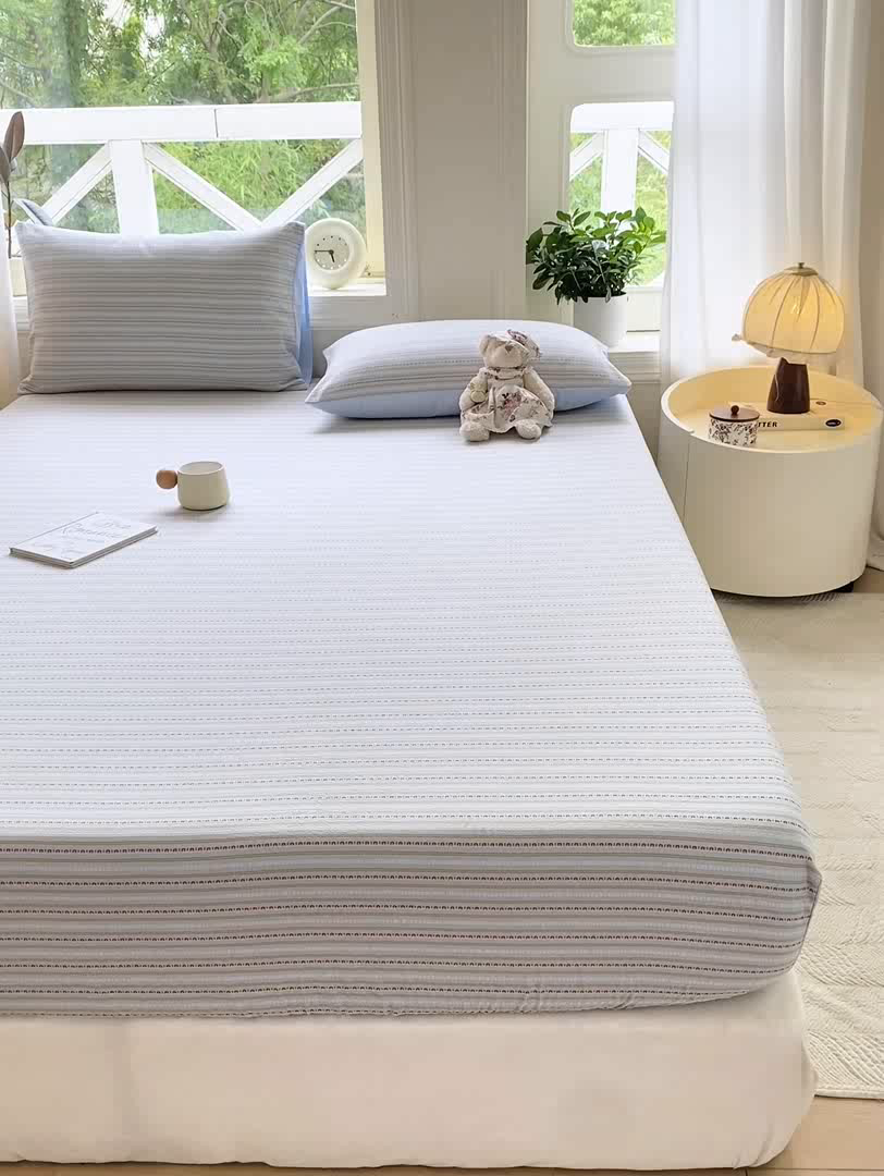 91家纺网 家纺一手货源 找家纺 灰鲸 2025新款全棉纯棉色织提花单床笠 床笠单件 美拉-蓝