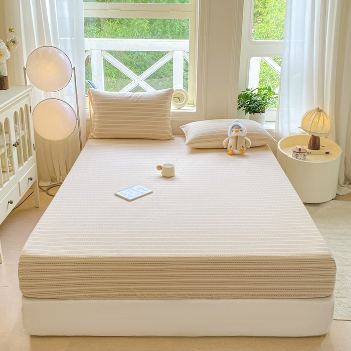 91家纺网 家纺一手货源 找家纺 灰鲸 2025新款全棉纯棉色织提花单床笠 床笠单件 美拉-杏