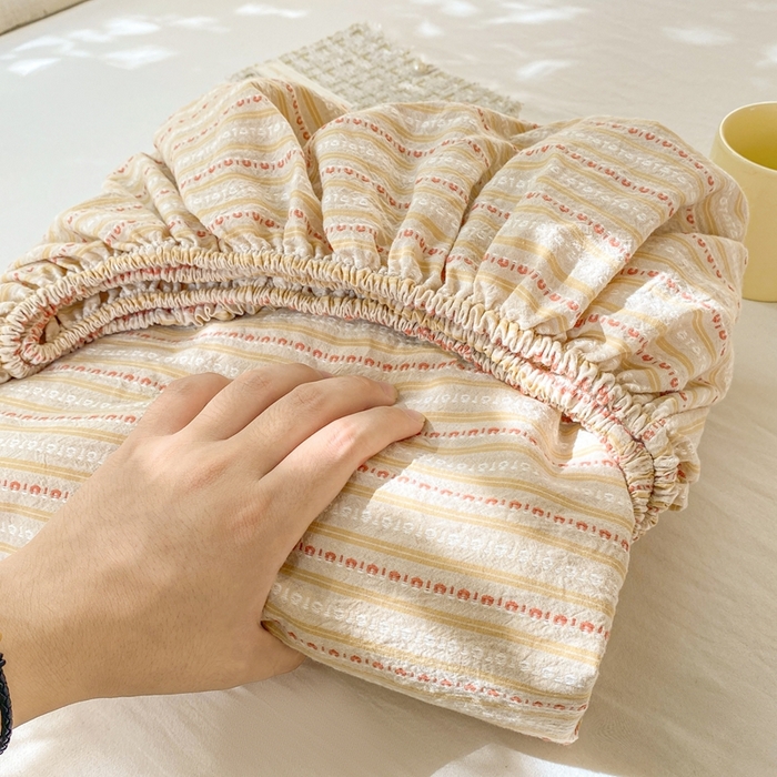 91家纺网 家纺一手货源 找家纺 灰鲸 2025新款全棉纯棉色织提花单床笠 床笠单件 美拉-杏