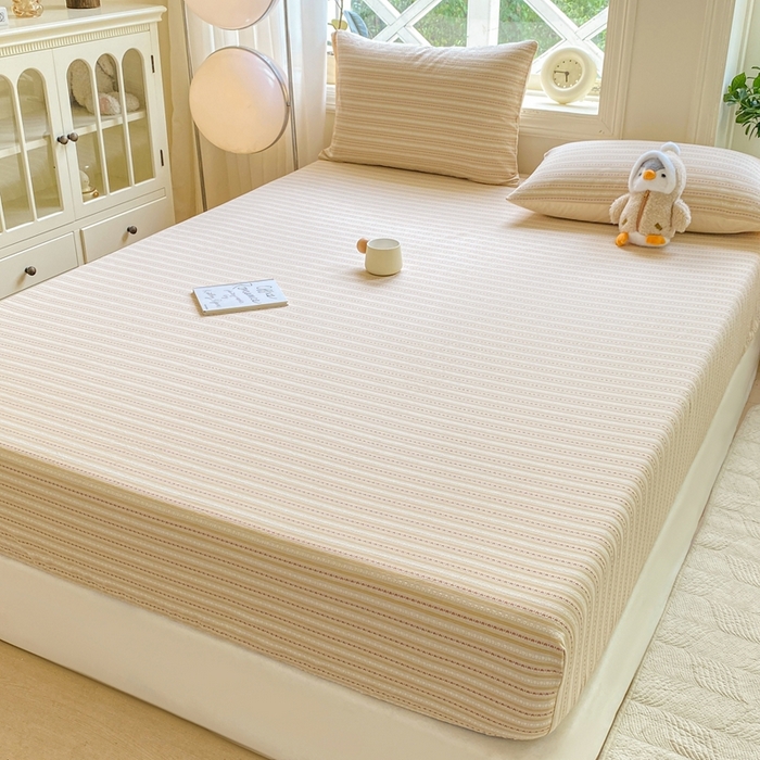 91家纺网 家纺一手货源 找家纺 灰鲸 2025新款全棉纯棉色织提花单床笠 床笠单件 美拉-杏