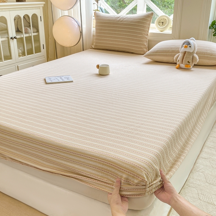 91家纺网 家纺一手货源 找家纺 灰鲸 2025新款全棉纯棉色织提花单床笠 床笠单件 美拉-杏