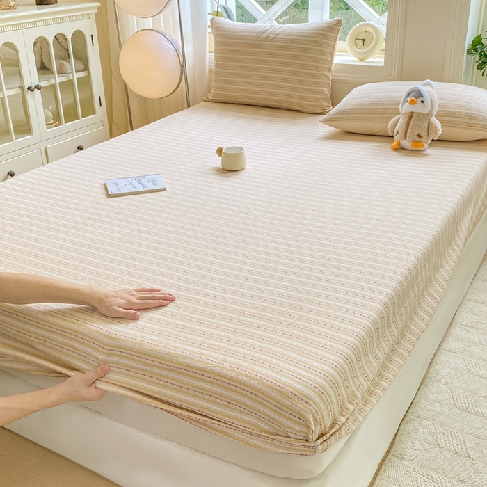 91家纺网 家纺一手货源 找家纺 灰鲸 2025新款全棉纯棉色织提花单床笠 床笠单件 美拉-杏