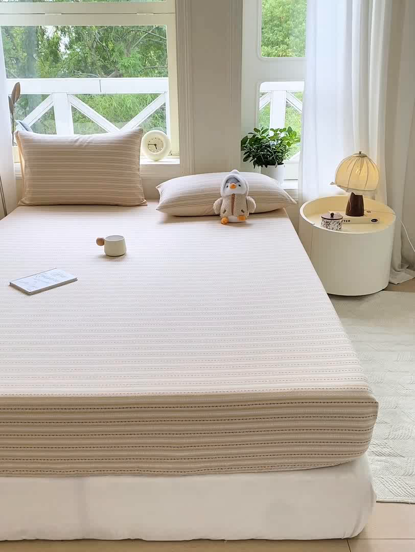 91家纺网 家纺一手货源 找家纺 灰鲸 2025新款全棉纯棉色织提花单床笠 床笠单件 美拉-杏