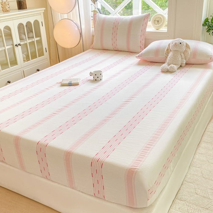 91家纺网 家纺一手货源 找家纺 灰鲸 2025新款全棉纯棉色织提花单床笠 床笠单件 素瑾-粉