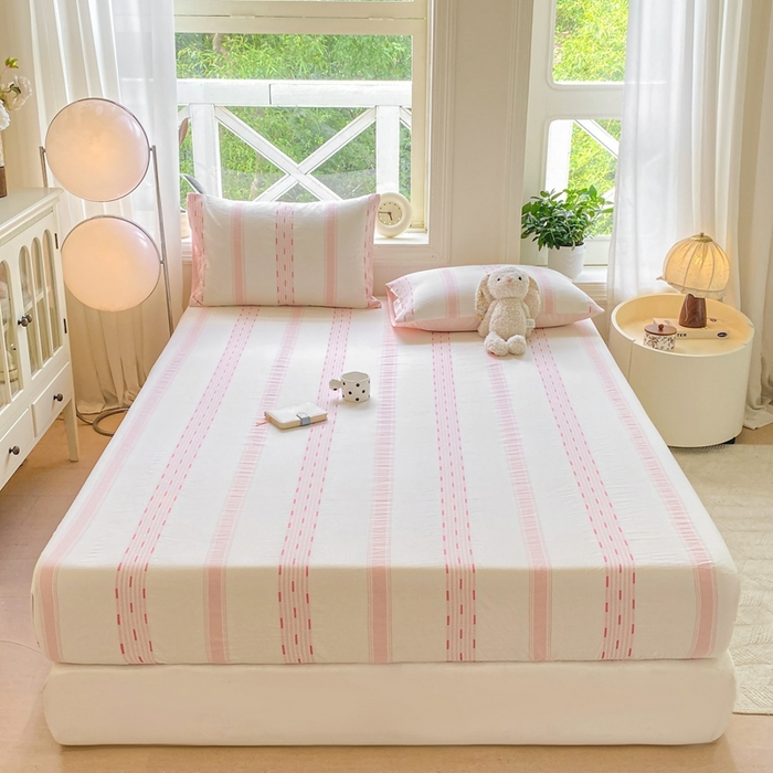 91家纺网 家纺一手货源 找家纺 灰鲸 2025新款全棉纯棉色织提花单床笠 床笠单件 素瑾-粉