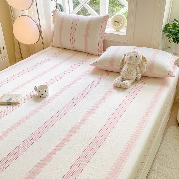 91家纺网 家纺一手货源 找家纺 灰鲸 2025新款全棉纯棉色织提花单床笠 床笠单件 素瑾-粉