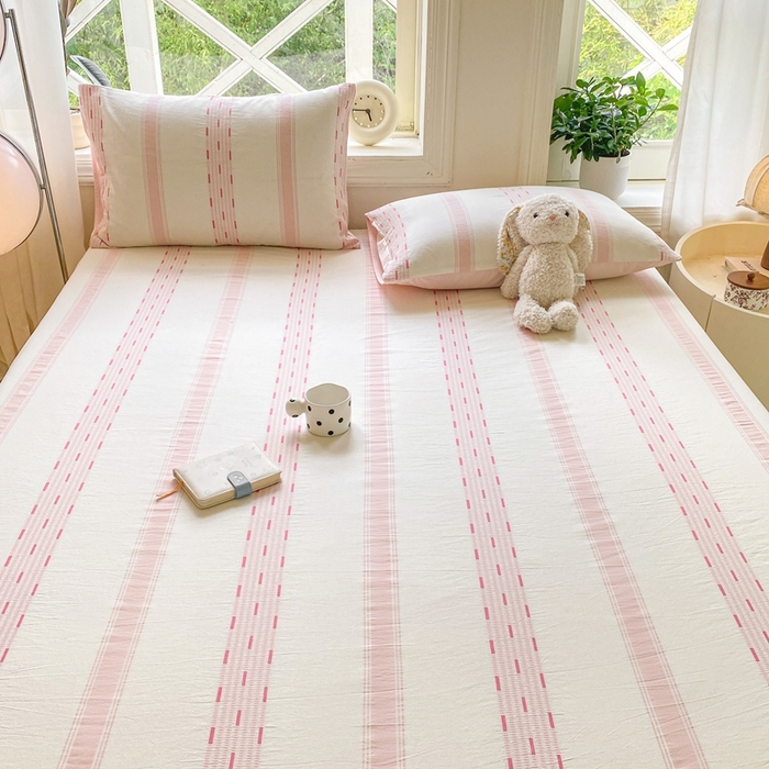 91家纺网 家纺一手货源 找家纺 灰鲸 2025新款全棉纯棉色织提花单床笠 床笠单件 素瑾-粉