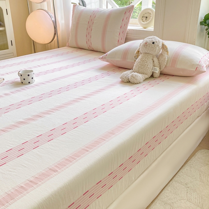 91家纺网 家纺一手货源 找家纺 灰鲸 2025新款全棉纯棉色织提花单床笠 床笠单件 素瑾-粉