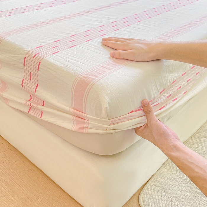 91家纺网 家纺一手货源 找家纺 灰鲸 2025新款全棉纯棉色织提花单床笠 床笠单件 素瑾-粉