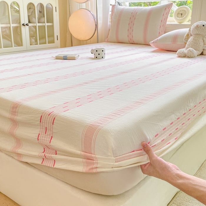 91家纺网 家纺一手货源 找家纺 灰鲸 2025新款全棉纯棉色织提花单床笠 床笠单件 素瑾-粉