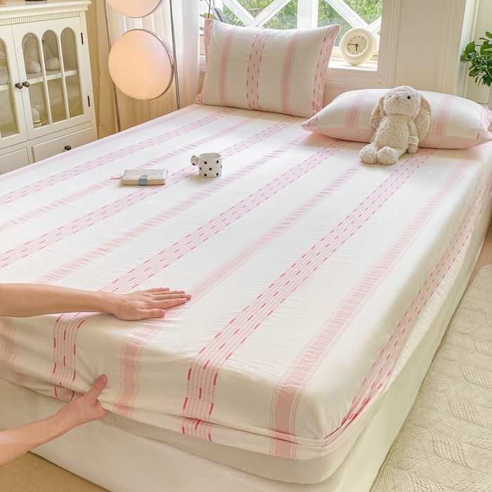 91家纺网 家纺一手货源 找家纺 灰鲸 2025新款全棉纯棉色织提花单床笠 床笠单件 素瑾-粉