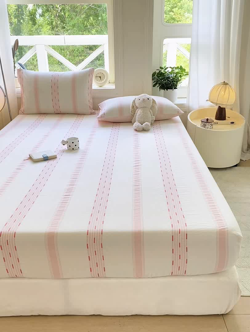 91家纺网 家纺一手货源 找家纺 灰鲸 2025新款全棉纯棉色织提花单床笠 床笠单件 素瑾-粉