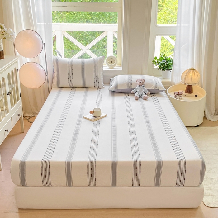 91家纺网 家纺一手货源 找家纺 灰鲸 2025新款全棉纯棉色织提花单床笠 床笠单件 素瑾-灰