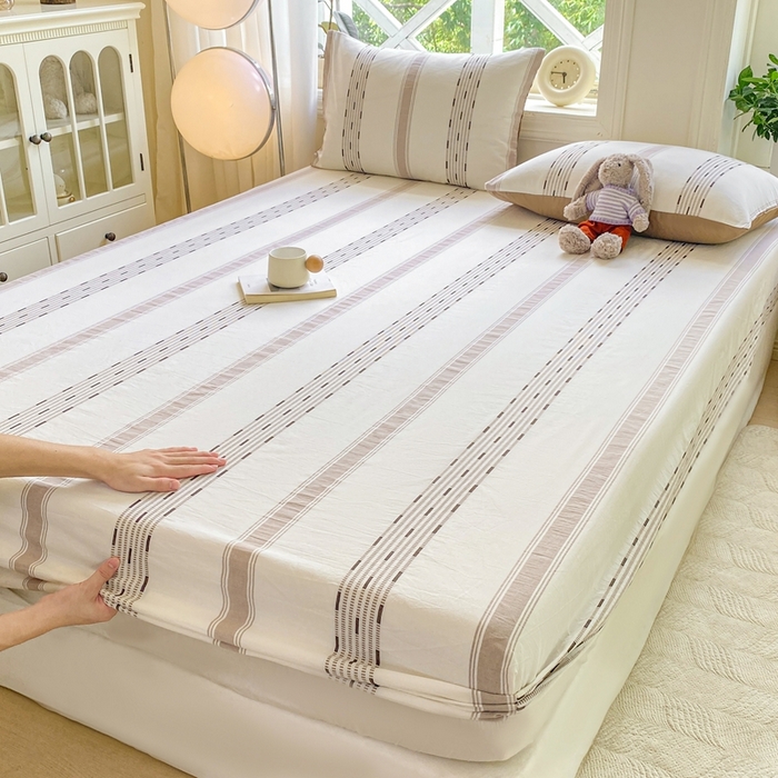 91家纺网 家纺一手货源 找家纺 灰鲸 2025新款全棉纯棉色织提花单床笠 床笠单件 素瑾-咖